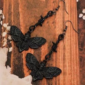 Black Luna Skull Moth Barb Wire Drop Earrings